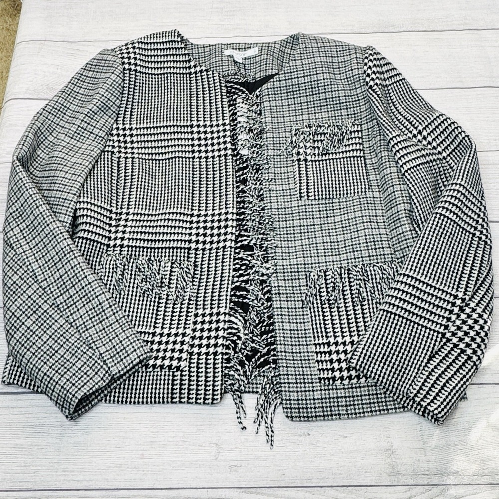 Chicos Mixed Tweed Wool Blend Fringe‎ Jacket  Houndstooth Plaid Size 2/US 12 NWT